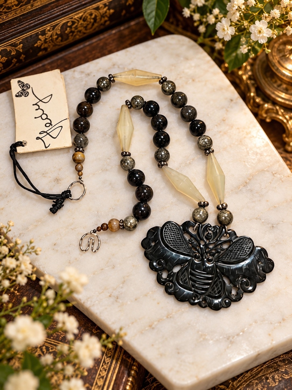 Vintage Soohow Jade Butterfly Pendant Necklace with Antique Agate Beads